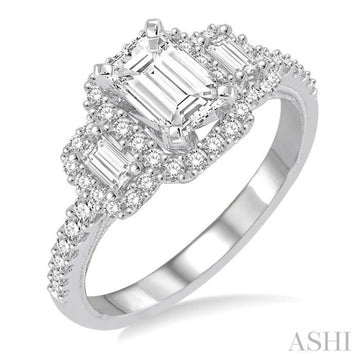 1 Ctw Baguette and Round Cut Diamond Ladies Engagement Ring with 1/2 Ct Emerald Cut Center Stone in 14K White Gold